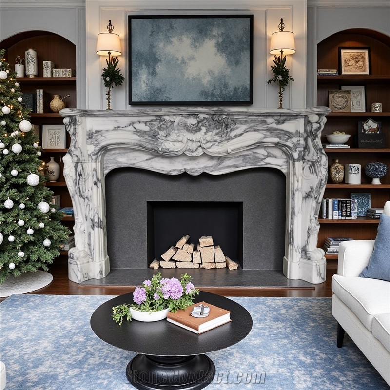 French Style Fireplace In Arabescato Marble