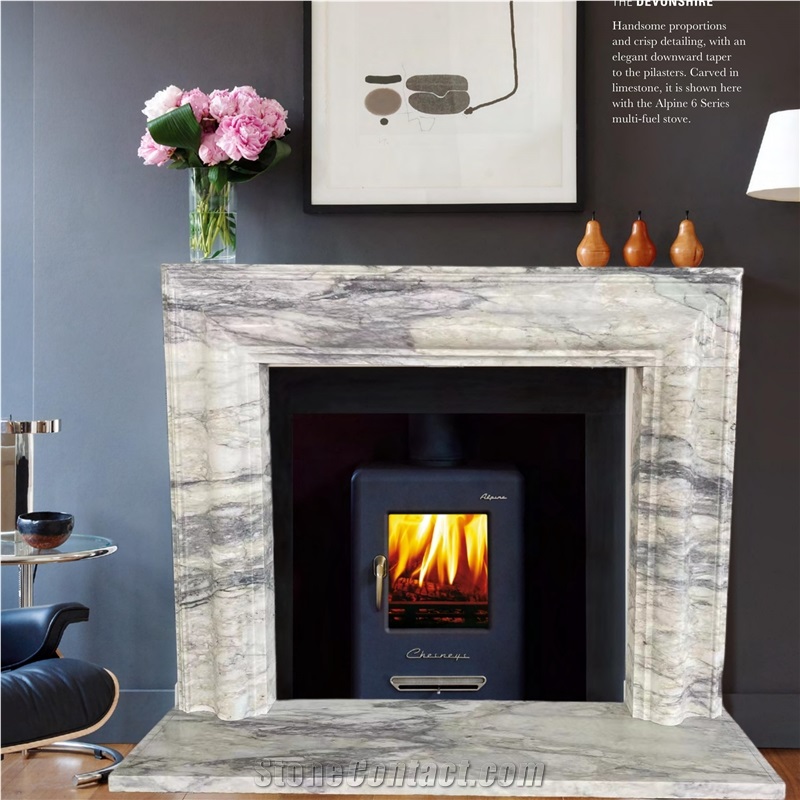 White Marble With Gold Line Fireplace