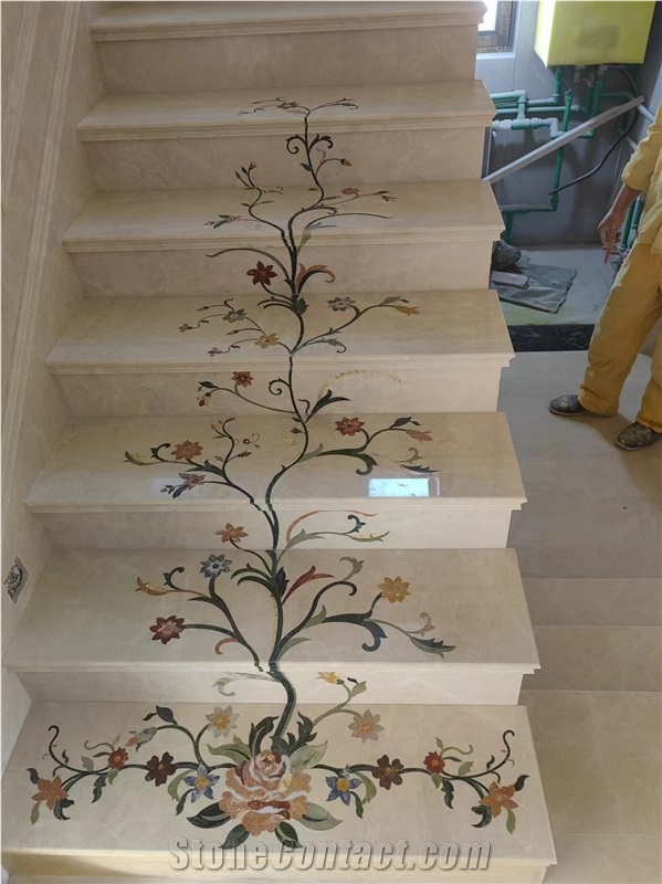 China Factory Marble Stairs In Waterjet Medallion Design