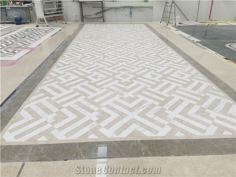 Light Brown And White Marble Waterjet Pattern Flooring