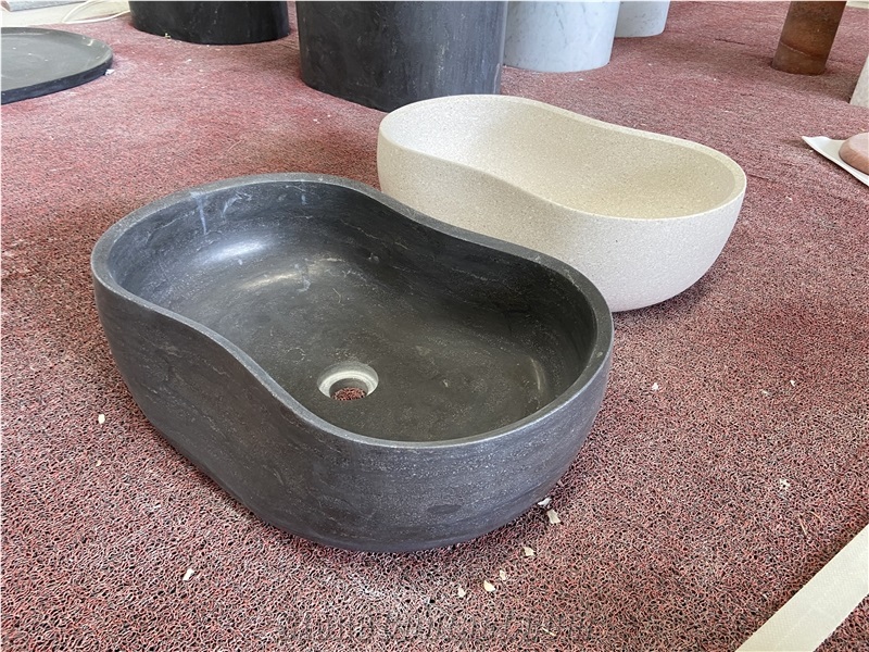 Oval Shape Grey Marble Wash Basins Matte Texture