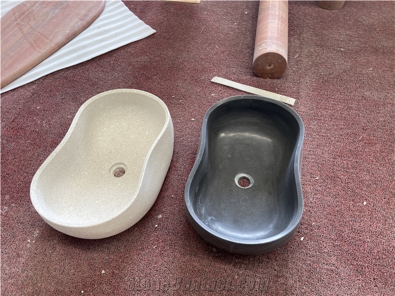 Oval Shape Grey Marble Wash Basins Matte Texture