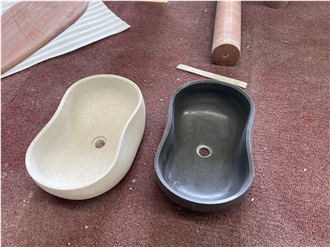 Oval Shape Grey Marble Wash Basins Matte Texture