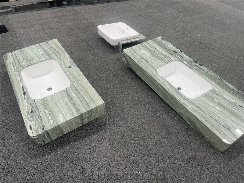 Verde Prato Marble Bathroom Countertops With Wash Basin