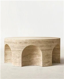 Cava Fluted Round Beige Travertine Drum Side Table