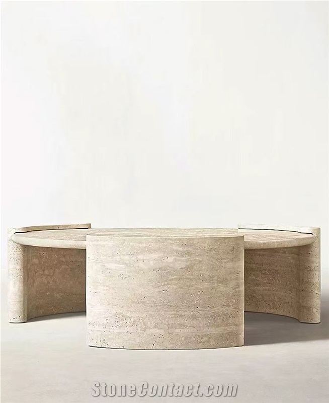 Cava Fluted Round Beige Travertine Drum Side Table