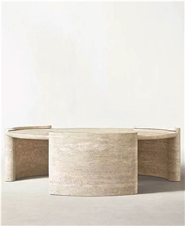 Cava Fluted Round Beige Travertine Drum Side Table