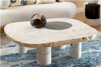 Cava Fluted Round Beige Travertine Drum Side Table