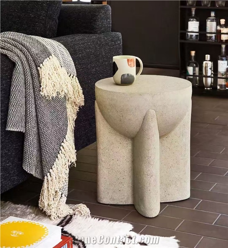 Cava Fluted Round Beige Travertine Drum Side Table