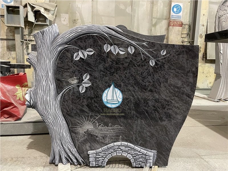 Bahama Blue Granite Tree Trunk Upright Headstones
