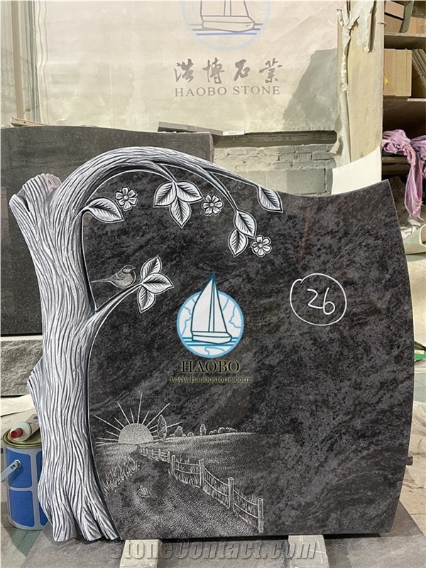Bahama Blue Granite Tree Trunk Upright Headstones