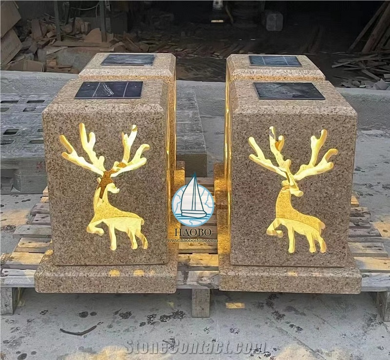 G682 Granite Carved Deer Designs Garde Lantern With Electric Lights
