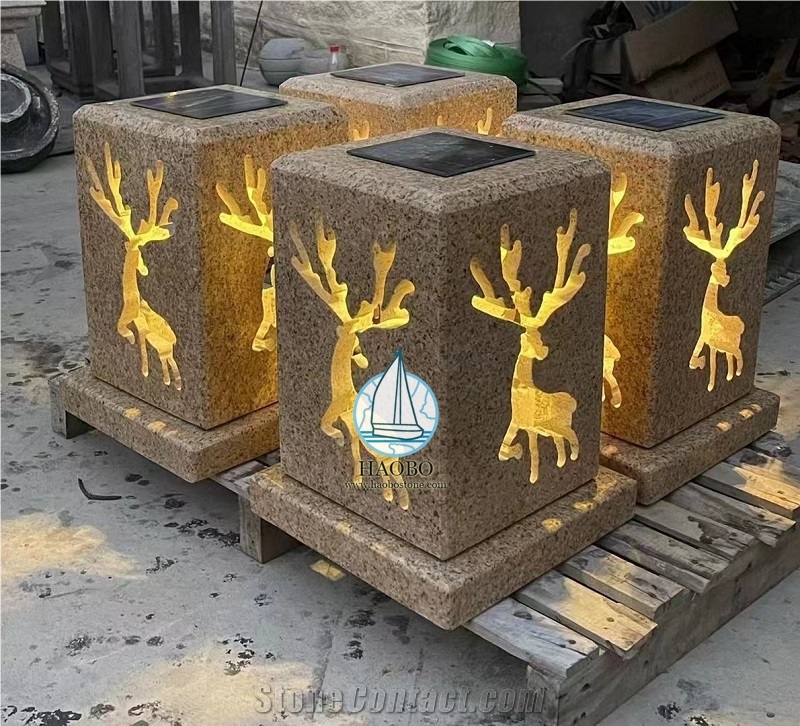 G682 Granite Carved Deer Designs Garde Lantern With Electric Lights