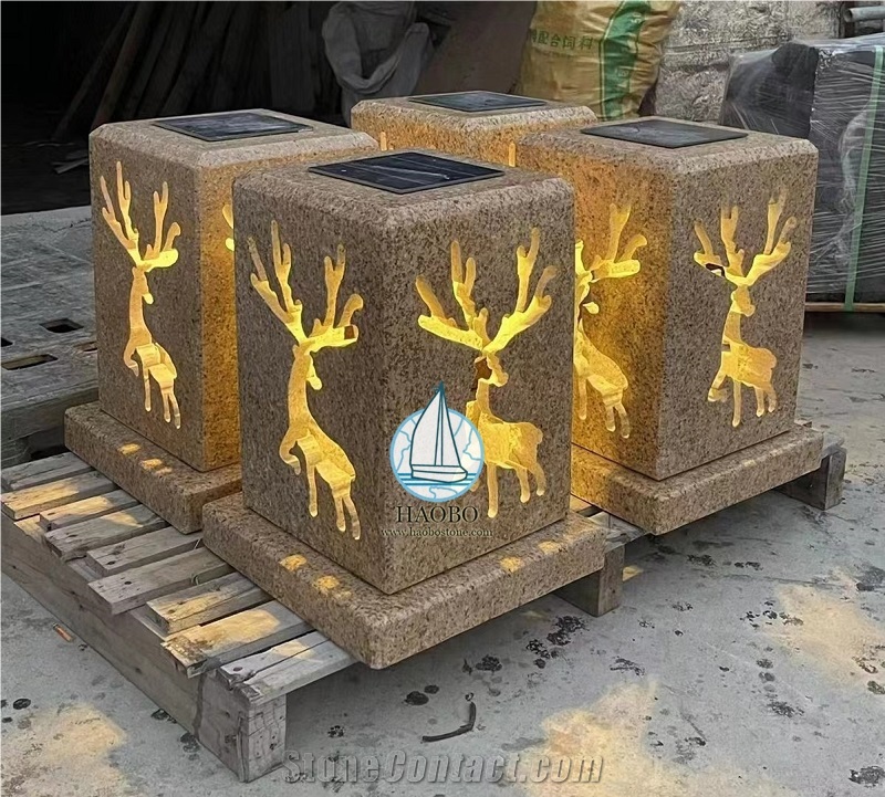 G682 Granite Carved Deer Designs Garde Lantern With Electric Lights