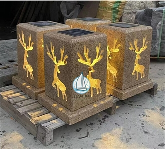 G682 Granite Carved Deer Designs Garde Lantern With Electric Lights
