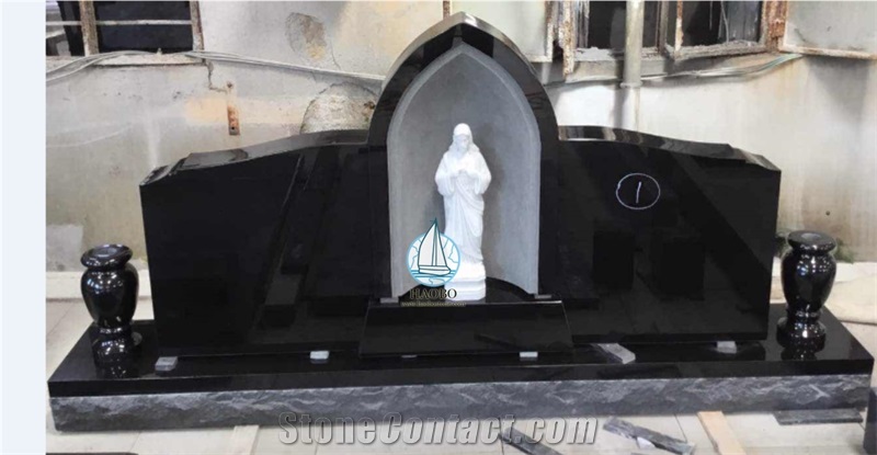 Jet Black Granite Carved Jesus Double Upright Monuments