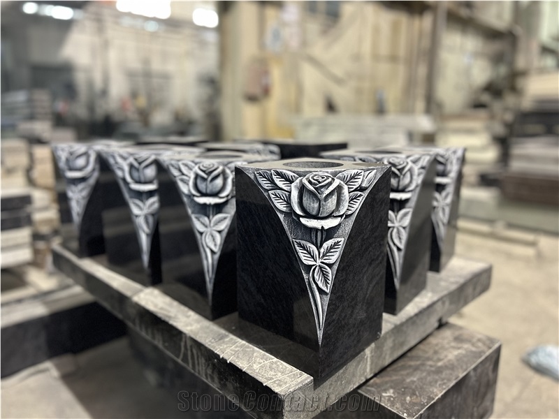 Jet Black Granite Carved Roses Vases