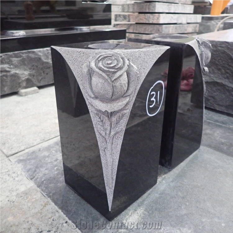 Jet Black Granite Carved Roses Vases