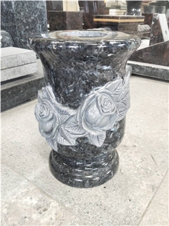 Jet Black Granite Carved Roses Vases