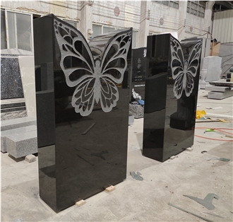 Absolute Black Granite Tombstone With Sandblasted Butterfly