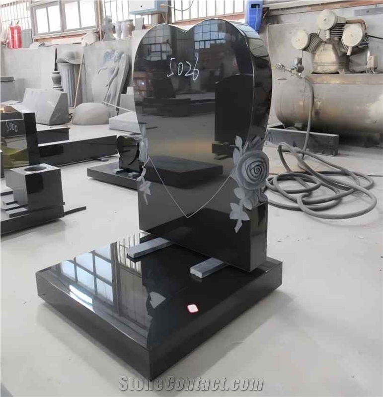 Black Granite Heart Monument England Style W Carving Flowers