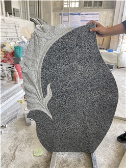 China Dark Gray Granite Headstone With Lily Flower Carving