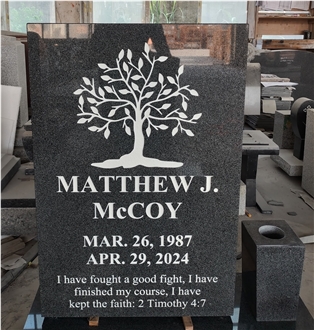 Dark Gray Granite Tree Engraved Headstone