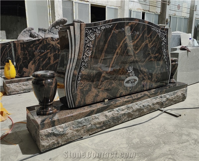 Dark Indian Aurora Granite Monument With Sandblasted Carving