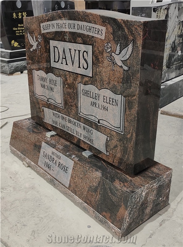 Dark Indian Aurora Granite Monument With Sandblasted Carving