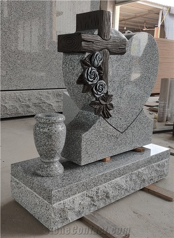 Heart Shape G635 Granite Cross And Rose Carved Tombstone With Vase