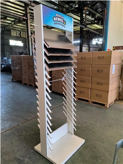 Multi-Layered Metal Display Rack With Tilted Shelves