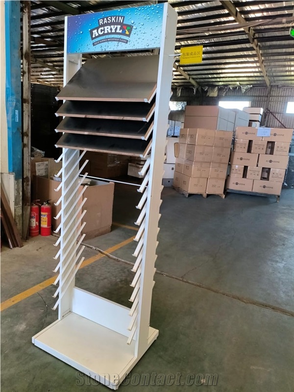 Multi-Layered Metal Display Rack With Tilted Shelves