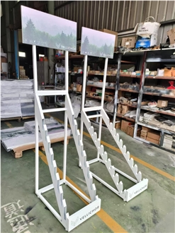White Metal Display Stand With Tiered Shelves & Sign