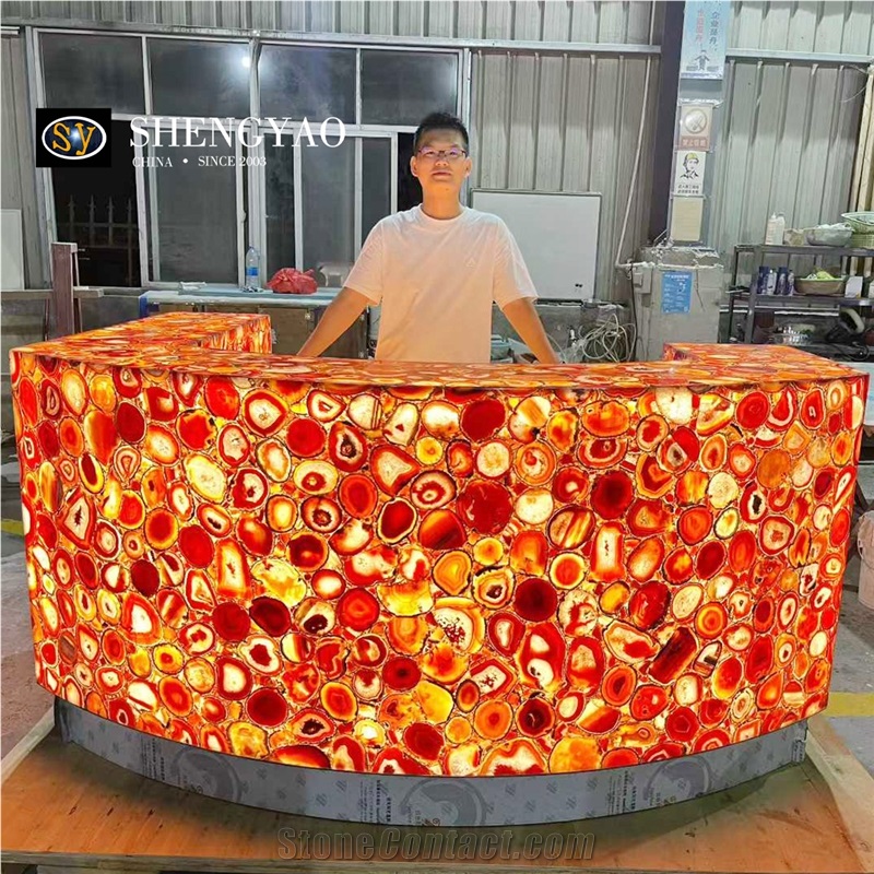 Backlit Red Agate Translucent Semiprecious Stone Commercial Bar Tops