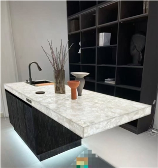 Backlit White Crystal Quartz Semiprecious Stone Bathroom Countertops