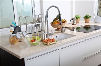 QEVO Beige Mirror Quartz Stone Kitchen Countertops