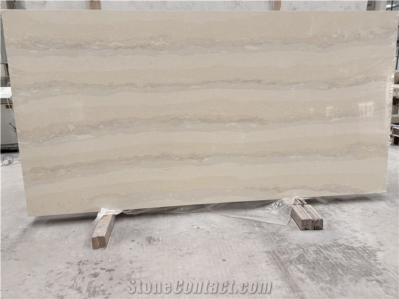 Beige Travertine Look Quartz Stone Artificial Stone Slabs