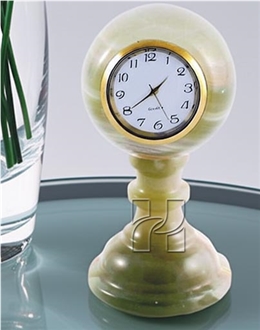 Green Onyx Pedestal Sphere Shape Mantel Clock Handicraft