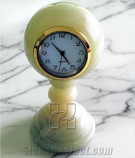 Green Onyx Pedestal Sphere Shape Mantel Clock Handicraft
