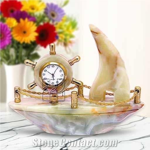 Hand-Carved Green Onyx Ship Clock With Gold Accents