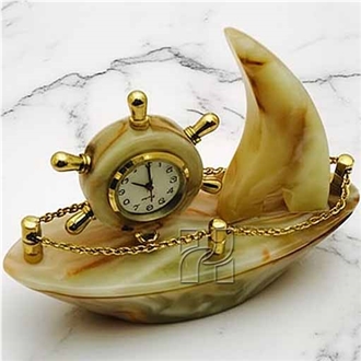 Hand-Carved Green Onyx Ship Clock With Gold Accents