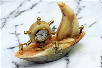Hand-Carved Green Onyx Ship Clock With Gold Accents
