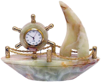 Hand-Carved Green Onyx Ship Clock With Gold Accents