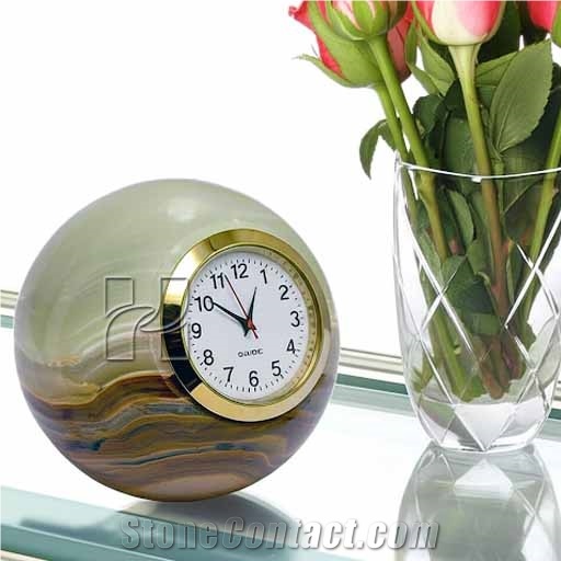 Hand-Carved Green Onyx Sphere Desk Clock