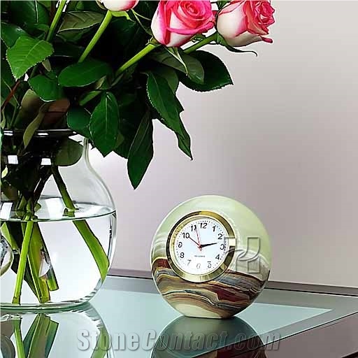Hand-Carved Green Onyx Sphere Desk Clock
