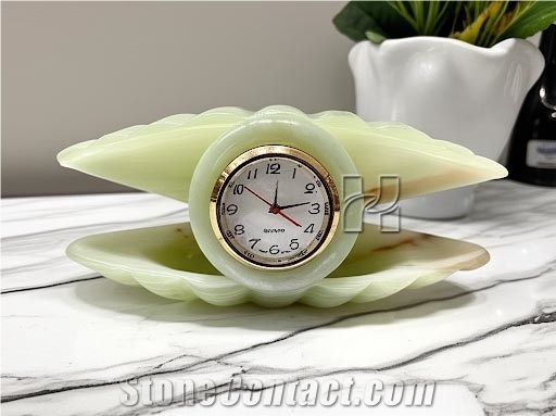 Hand-Carved Oyster Green Onyx Clock Home Decor Products