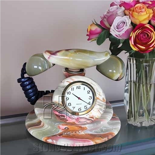 Handcrafted Multicolor Green Onyx Telephone Desk Clock