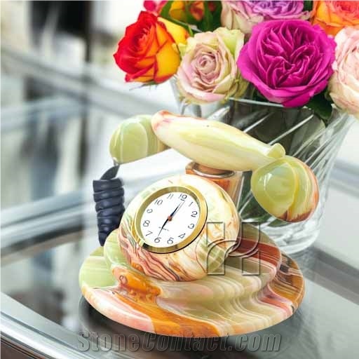 Handcrafted Multicolor Green Onyx Telephone Desk Clock