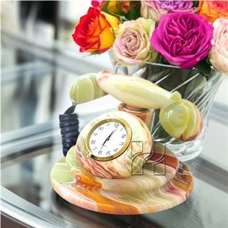 Handcrafted Multicolor Green Onyx Telephone Desk Clock