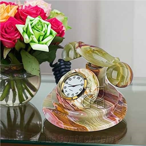 Handcrafted Multicolor Green Onyx Telephone Desk Clock